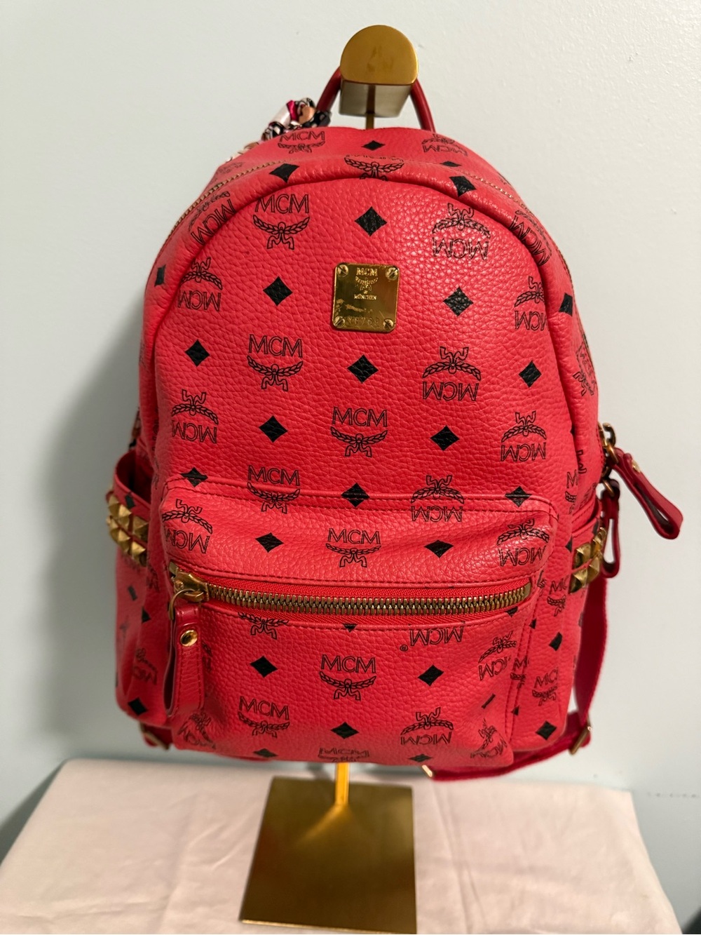 MCM Large Hot Pink Backpack with Black Logo Print and gold tone studs! W/COA!!